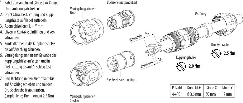 Montageanleitung Bajonett Kabeldose, Polzahl: 4+PE, ungeschirmt, schraubklemm, IP67, UL 2238 (in Vorbereitung), UV-Beständig