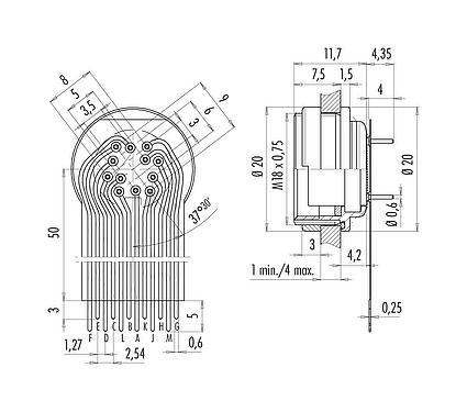連接和尺寸 M16 孔頭法蘭座, : 12 (12-a), 非遮罩, THT, IP67, M18x0,75, 後壁安裝