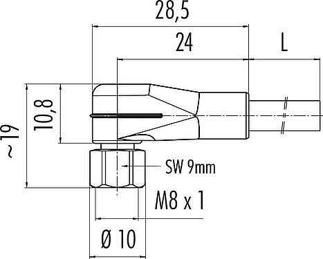 Rysunek z wymiarami M8 Zeńskie złącze kablowe kątowe, Kontaktów: 6, nieekranowany, formowane wtryskowo na kablu, IP67/IP69K, UL 2238, PUR, czarny, 6 x 0,25 mm², Stal nierdzewna, 2 m