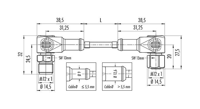 Scale drawing 77 3734 3727 40908-0500 - M12/M12 Connecting cable male angled connector - female angled connector, Contacts: 8, unshielded, moulded on the cable, IP69K, Ecolab, FDA compliant, Special TPE, grey, 8 x 0.25 mm², Food & Beverage, stainless steel, 5 m
