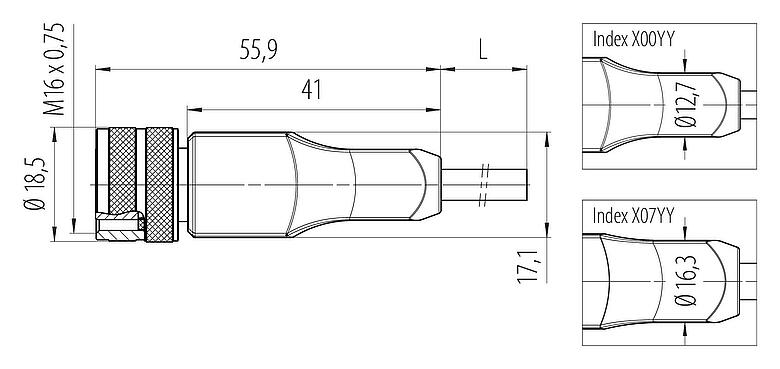 Scale drawing M16 Female cable connector, Contacts: 7 (07-b), unshielded, moulded on the cable, IP67, PUR, black, 7 x 0.25 mm², 2 m