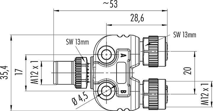 Scale drawing M12 Twin distributors, Y-distributor, male connector - 2 female connector, Contacts: 4/3, unshielded, pluggable, IP68, UL 2238