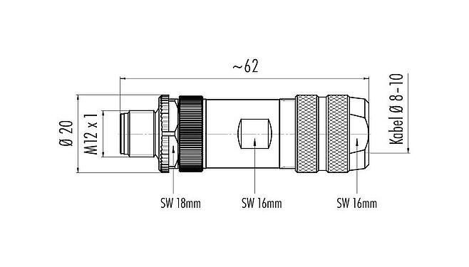 Maßzeichnung M12 Kabelstecker, Polzahl: 12, 8,0-10,0 mm, schirmbar, löten, IP67, UL 2238, mit Schirmring