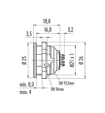 Maßzeichnung Push Pull Flanschdose, Polzahl: 12, schirmbar, löten, IP67, M21x1,0, Frontmontage