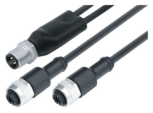 Abbildung M12 Kabelsplitter Kabelstecker - 2 Kabeldosen, Polzahl: 4/3, ungeschirmt, am Kabel angespritzt, IP68, UL 2238, PUR, schwarz, 3 x 0,34 mm², 1 m