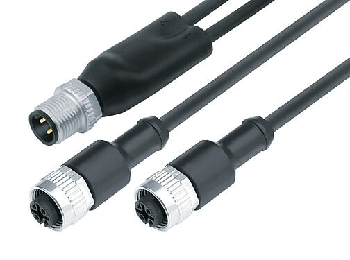Illustratie 77 9829 3430 50003-0200 - M12 Duo connector male -  2 kabeldozen M12x1, aantal polen: 4/3, onafgeschermd, aan de kabel aangegoten, IP68, PUR, zwart, 3 x 0,34 mm², 2 m