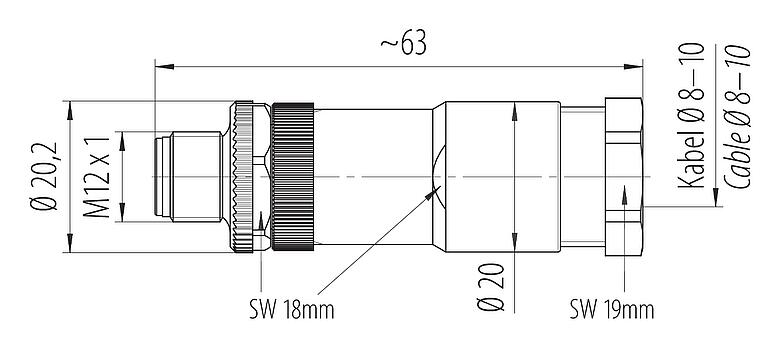 Maßzeichnung M12 Kabelstecker, Polzahl: 2+PE, 8,0-10,0 mm, ungeschirmt, schraubklemm, IP67, UL 2238