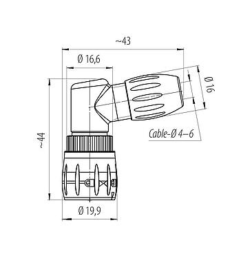 比例图 99 0773 001 08 - 卡扣式 弯角针头电缆连接器, 极数: 8, 4.0-6.0mm, 非屏蔽, 焊接, IP67