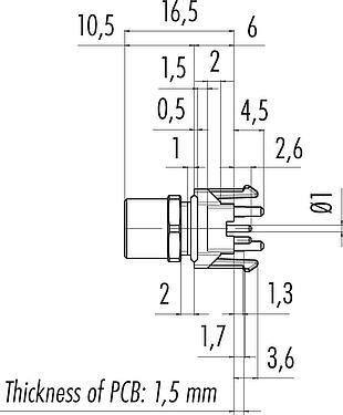 Scale drawing M8 Female panel mount connector, Contacts: 4, unshielded, THR, IP67, UL 2238