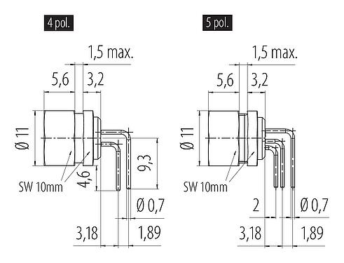 Scale drawing M9 Female angled panel mount connector, Contacts: 4, unshielded, THT, IP40, Front mounting