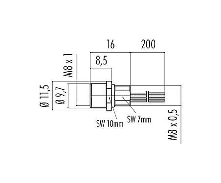 Scale drawing M8 Female panel mount connector, Contacts: 3, unshielded, single wires, IP67/IP69K, UL 2238, M8x0.5, Front mounting, potted