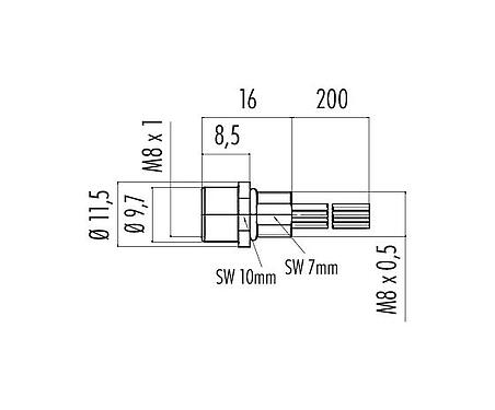 Scale drawing 76 6018 0111 00006-0200 - M8 Female panel mount connector, Contacts: 6, unshielded, single wires, IP67/IP69K, UL, M8x0.5