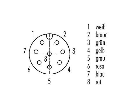 Polbild (Steckseite) M12 Vierkant-Flanschdose, Polzahl: 8, ungeschirmt, Litzen, IP40, UL 2238, M3 (4x), Frontmontage