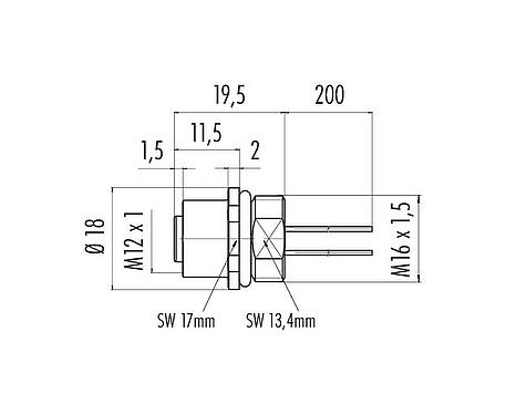 Méretarányos rajz M12 panelre szerelhető foglalat, : 8, árnyékolatlan, sodrott vezeték, IP67, UL 2238, M16x1,5, elülső rögzítés