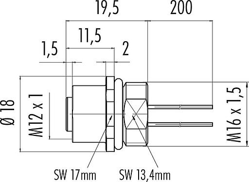 Scale drawing M12 Female panel mount connector, Contacts: 12, unshielded, single wires, IP67, UL 2238, M16x1.5, Front mounting, potted