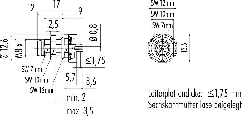Maßzeichnung M8 Flanschstecker, Polzahl: 4, schirmbar, THT, IP67, M8x1,0, Rückwandmontage, vergossen