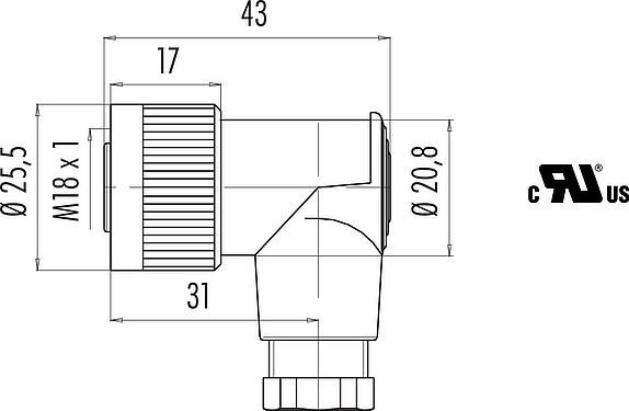 Dessin coté M18 Connecteur femelle coudé, Contacts: 4, 6,5-8,0 mm, non blindé, pince à visser, IP67, UL