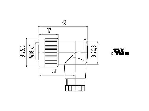 Schaaltekening M18 Female haakse connector, aantal polen: 4, 6,5-8,0 mm, onafgeschermd, schroefklem, IP67, UL
