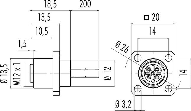 Scale drawing M12 Square female panel mount connector, Contacts: 4, unshielded, single wires, IP40, UL 2238, M3 (4x), Front mounting, potted