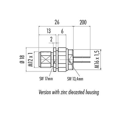 Méretarányos rajz M12 panelre szerelhető csatlakozó, : 4, árnyékolatlan, sodrott vezeték, IP68, UL 2238, M16x1,5, elülső rögzítés