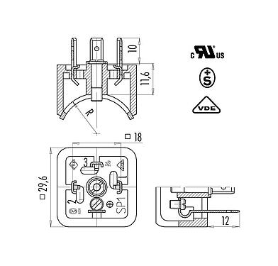Scale drawing 43 1719 023 04 - Male power connector, contacts angled inwards, Contacts: 3+PE, unshielded, solder, IP40 without seal, UL, ESTI+, VDE