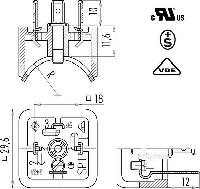Dessin coté Embase mâle pour appareils, contacts incliné vers l'intérieur, Contacts: 3+PE, non blindé, souder, IP40 sans joint, UL, ESTI+, VDE