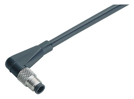 Illustration M5 Connecteur mâle coudé, Contacts: 3, non blindé, surmoulé sur le câble, IP67, UL 2238, M5x0,5, PUR, noir, 3 x 0,14 mm², 2 m