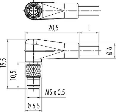 Scale drawing M5 Male angled connector, Contacts: 4, unshielded, moulded on the cable, IP67, UL 2238, M5x0.5, PUR, black, 4 x 0.14 mm², 2 m