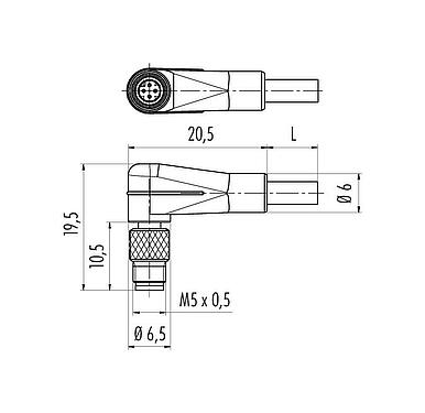 Dessin coté M5 Connecteur mâle coudé, Contacts: 3, non blindé, surmoulé sur le câble, IP67, UL 2238, M5x0,5, PUR, noir, 3 x 0,14 mm², 2 m