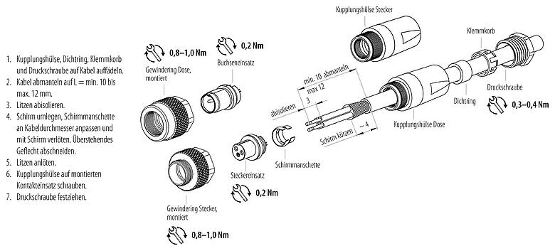 Összeszerelési utasítás M9 Kábelre szerelhető csatlakozó, : 3, 3,5-5,0 mm, árnyékolható, kézi forrasztású, IP67, árnyékoló mandzsettával