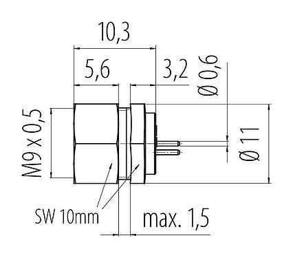 Desenho da escala M9 Soquete de flange, Contatos: 2, desprotegido, THT, IP40, M9x0,5, Montagem frontal