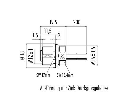 Maßzeichnung M12 Flanschdose, Polzahl: 5, ungeschirmt, Litzen, IP68, UL 2238, M16x1,5, Frontmontage