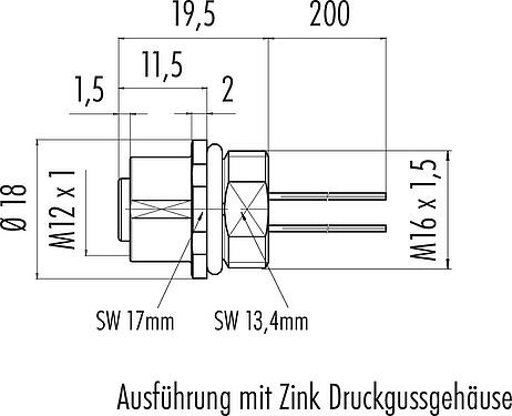 Maßzeichnung M12 Flanschdose, Polzahl: 4, ungeschirmt, Litzen, IP68, UL 2238, M16x1,5, Frontmontage