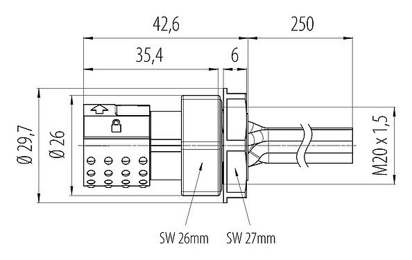 Maßzeichnung Bajonett Flanschdose, Polzahl: 6, schirmbar, Litzen, IP66/IP67, UL 2237, M20x1,5, Frontmontage