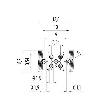 導體佈局 M12 孔頭法蘭座, : 5, 可接遮罩, SMT, IP67, M14x1.0, 板前安裝