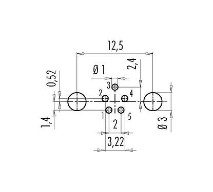 導体レイアウト 09 0416 55 05 - M9 メスパネルマウントコネクタ、アングル, 極数: 5, シールド可能, THT, IP67, 前面取り付け
