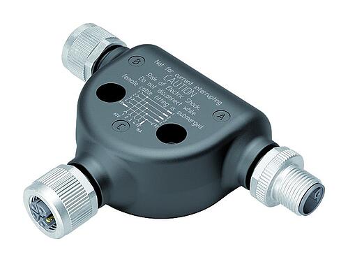 Abbildung M12 Zweifachverteiler, T-Verteiler, Stecker - 2 Dosen, Polzahl: 4+FE, ungeschirmt, IP65, M12x1,0