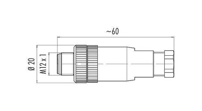 Rysunek z wymiarami M12 Męskie złącze kablowe proste, Kontaktów: 4, 4,0-6,0 mm, nieekranowany, zacisk śrubowy, IP67, UL 2238