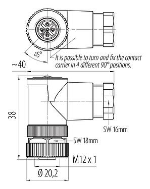 Dibujo a escala M12 Conector hembra en ángulo, Número de contactos: 5, 6,0-8,0 mm, sin blindaje, abrazadera de alambre, IP67