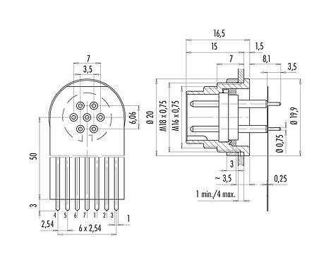 Verbinding & afmetingen M16 Male panel mount connector, aantal polen: 7 (07-a), onafgeschermd, THT, IP40, M18x0,75, Achterwandmontage