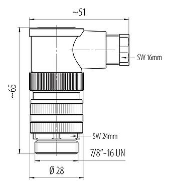 Масштабный чертеж 7/8" Угловой штекер, Количество полюсов: 4+PE, 6,0-8,0 мм, не экранированный, винтовая клемма, IP67, UL 2238, VDE
