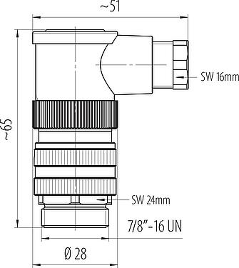 Mittakaavapiirustus 7/8" Kulmapistoke, Napojen määrä: 2+PE, 6,0-8,0 mm, suojaamaton, ruuviliitin, IP67, UL 2238, VDE