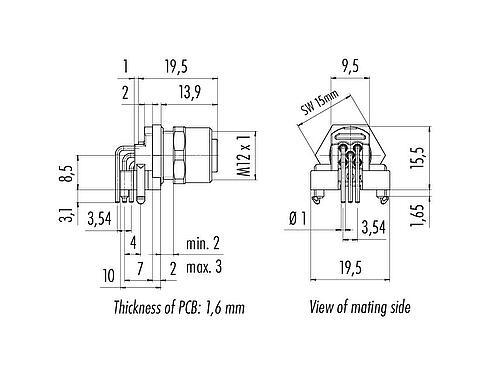 Výkres v měřítku M12 Přírubová zásuvka, úhlová, : 5, nestíněný, THR, IP68, UL 2238, Přední montáž, pro montáž desek plošných spojů
