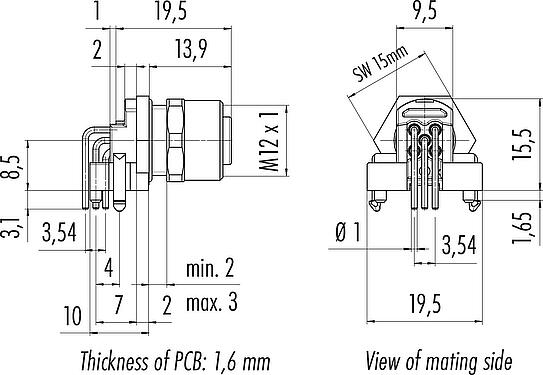 Dessin coté M12 Embase femelle, coudé, Contacts: 5, non blindé, THR, IP68, UL 2238, Montage frontal, pour assemblage PCB