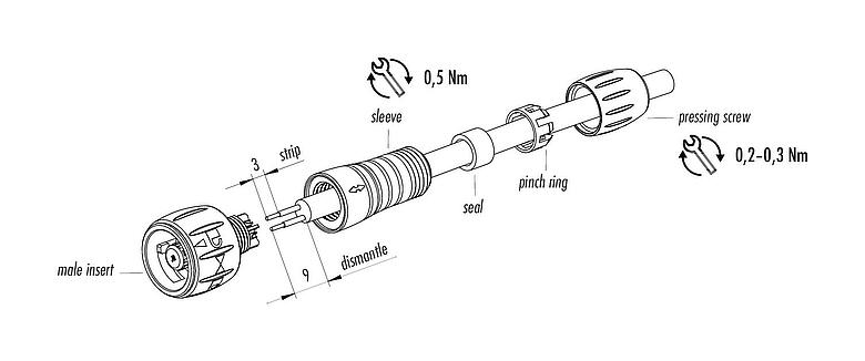 Instrução de montagem Baioneta Plugue de cabo, Contatos: 5, 3,0-5,0 mm, solda, IP67