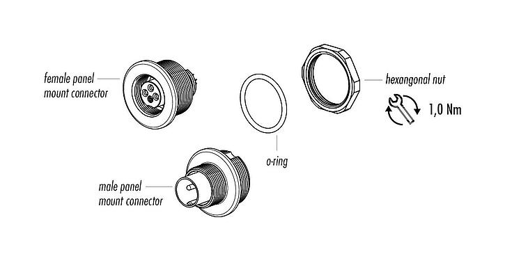 Component part drawing M9 Female panel mount connector, Contacts: 2, unshielded, solder, IP67, M12x0.5, Front mounting