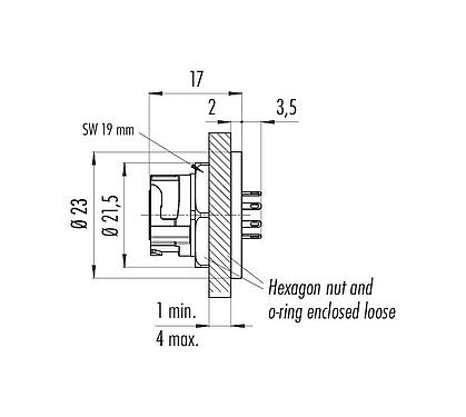 Scale drawing Bayonet Female panel mount connector, Contacts: 8, unshielded, solder, IP67 (when unplugged as well), M13x1,0, Rear mounting