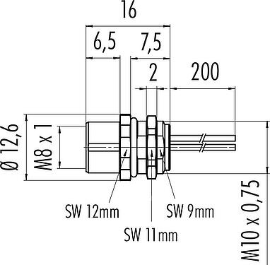 Scale drawing M8 Female panel mount connector, Contacts: 5, unshielded, single wires, IP67, UL 2238, M10x0.75, Rear mounting, potted