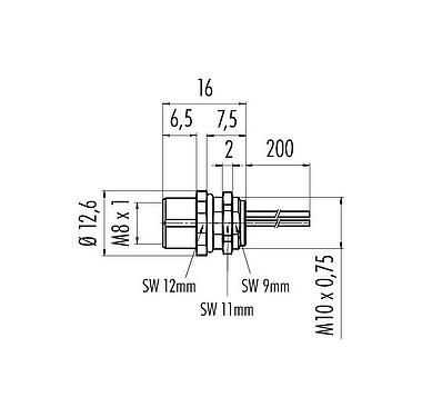 Scale drawing M8 Female panel mount connector, Contacts: 3, unshielded, single wires, IP67, UL 2238, M10x0.75, Front mounting, potted