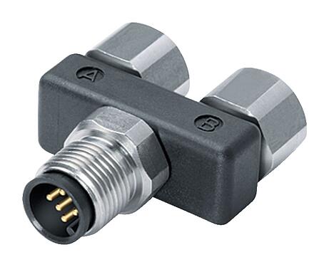 Abbildung M12 Zweifachverteiler, Y-Verteiler, Stecker - 2 Dosen, Polzahl: 5, ungeschirmt, steckbar, IP68, UL 2238, Edelstahl